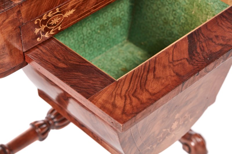 Outstanding Early Victorian 19th Century Inlaid Burr Walnut Writing or Sewing Table - Image 10